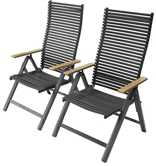 Leco-Klapp-Funktionssessel Juno 2er-Set – Klappbarer Gartenstuhl mit Verstellbarer Rückenlehne – Gestell Aluminium – Armlehnen in Holzoptik