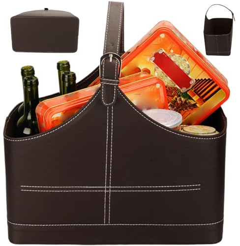 Dbvnnsy Waterproof Leather Wine Gift Basket with Top Handle, Portable Multifunctional Storage for Wine Bottles, Fruits, Snacks & Picnic Beach Essentials, Ideal Birthday