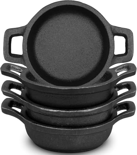 SWHCM 4 Stück Mini Gusseisen Servierpfännchen Set | 10.5cm kleine Bratpfannen mit Griff | Gusseisen Grillpfannen, Pfännchen, Servierpfanne, Grillpfanne, Gusspfanne, antihaftbeschichtet