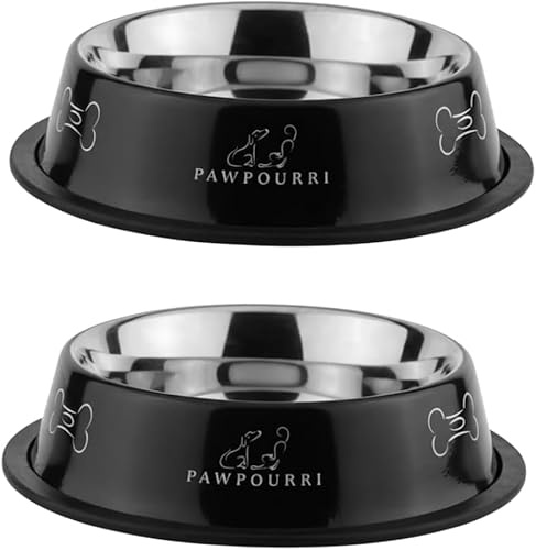 Stainless Steel Dog Bowl Pack of 2, Food & Water Bowl for Dogs, Durable Dog Feeding Bowl, Bowls for Small Dogs, Easy to Clean, Anti-Skid Pet Bowl - 16 oz (Black)