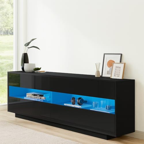 Genforiek TV Stand Cabinet, High Gloss TV Unit with LED Lights 120CM, Black Media Unit, LED TV Cabinet for Living Room, 4 Drawers and 2 Open Shelves, Home Furniture
