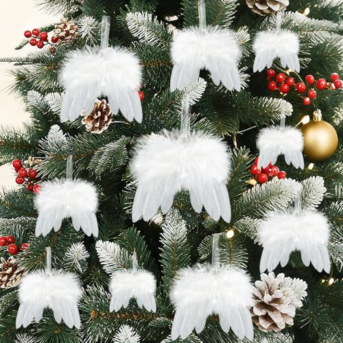 yuejuhe 10 Stück Engelsflügel Christbaumschmuck, Weiß Weihnachtsbaum Deko Anhänger aus Federn, Weihnachtsschmuck für Weihnachtsfeier Dekoration und DIY Handwerk