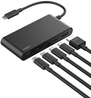 Belkin Hub USB C, concentrador de 5 Puertos con Pantalla HDMI 4K a 60 Hz, Entrega de energía de 100 W, Transferencia de Datos rápida de 10 Gbps, Adaptador multipuerto USB C, Compatible con MacBook | Transferencia de datos de 10 Gbps, soporte de pantalla HDMI 4K, compatible con MacBook, iPad Pro, Chromebook y PC