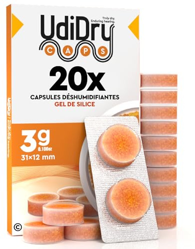 20 Capsule Essiccanti per Apparecchi Acustici UdiDry Caps 3g 31mm con Indicatore di Colore - Capsule Deumidificanti Assorbi Umidità con Gel di Silice di Alta Qualità per Asciugatura Protesi Acustiche