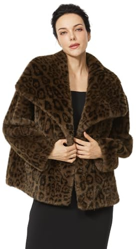 BEAUTELICATE Damen Kunstpelz Mantel Kurzer Leoparden Felljacke mit Fellkragen Faux Fur Coat Winterjacke mit Tasche Casual Kunstfell Wintermantel für Frühling Herbst, L