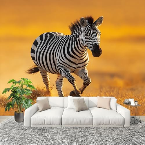 Mural Papel Pintado 3D 250x175cm Cebra Animal Fotomurales Tejido No Tejido Antiarrugas Póster Amarillo Murales Fotográfico Moderno Decoración de Paredes