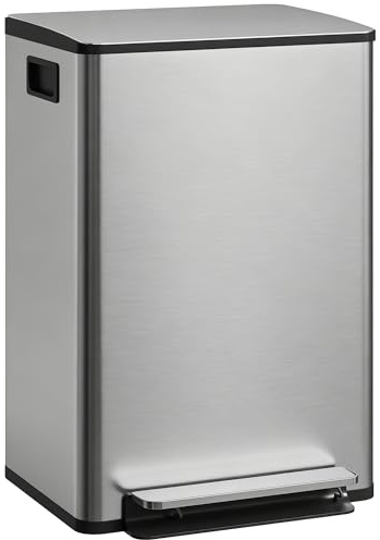 HOMCOM Poubelle cuisine 50L, poubelle à pédale en acier inoxydable avec seau intérieur amovible, couvercle à fermeture douce et maintien en ouverture, filtre anti-odeurs, poignées, anti-traces, argent