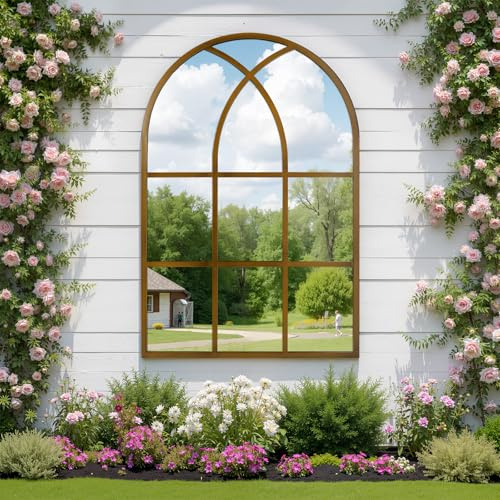 Reflix Arched Window Mirror, 60x90 cm Wall Mirrors for Decor Garden Outdoor, Distressed Gothic Arch Mirror with Aluminum Frame for Hallway,Living Room,Bedroom, Entryway, Bronze