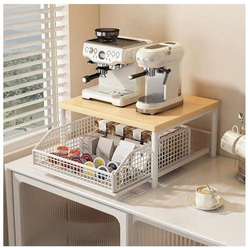 Sideboard-Aufbewahrungsregal für Kaffeemaschinen, Aufbewahrungsregal für die Arbeitsplatte,Doppel-Mikrowellen-Tischregal mit Schiebeschublade,Snack-Präsentationsregal für Küche und Büro (White)