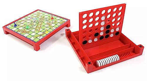 Classic 2-in-1 Board Game Set, Snakes and Ladders with Connect 4, Red Plastic Family Games Bundle