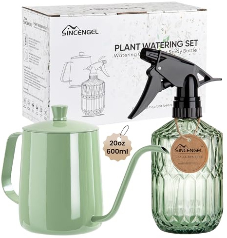 Sincengel Watering Can for Indoor Plants, 20 oz Metal Small Plant Watering Can with Long Spout for House Plants, 13.5 oz Glass Plant Mister Spray Bottle for Bonsai Garden Flowers Decorative (Green)