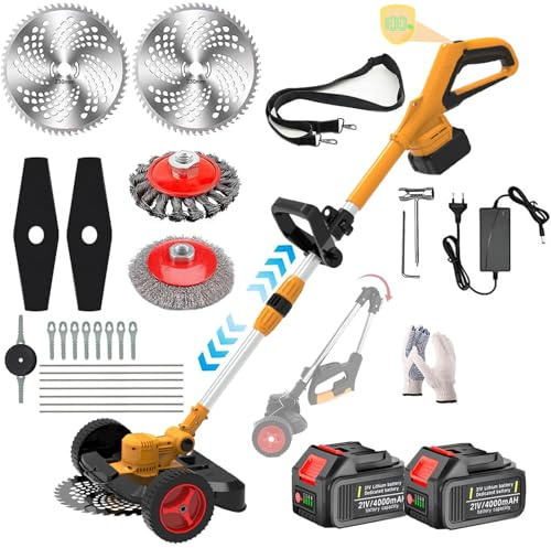 Fiutazge Pliable Coupe Bordure sans Fil avec 2 Batteries 4.0Ah,Coupe-Bordures électriques Roues,DéBroussailleuse à Batterie Electrique avec 5 Types De Lames,Poignée Réglable pour Pelouse Jardin