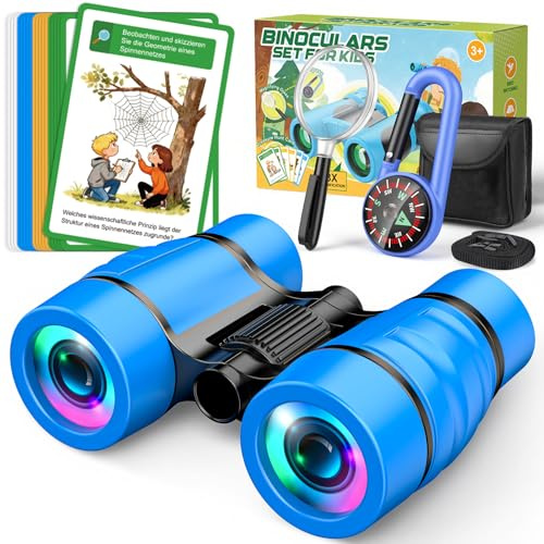 Fernglas für Kinder 4x30 mit Lupe, Kompass & Entdeckerkarten - Blau | Outdoor Spielzeug ab 3-8 Jahre Jungen - Geburtstag Geschenk Junge Einschulung, Gartenspielzeug Kinder - Spiele ab 3 4 5 Jahre