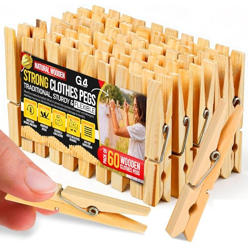 G4GADGET Wooden Clothes Pegs 60 Pack – Strong Laundry Pegs for Washing Line – Traditional Wooden Pegs with Metal Spring for Indoor & Outdoor Use, Crafts & DIY
