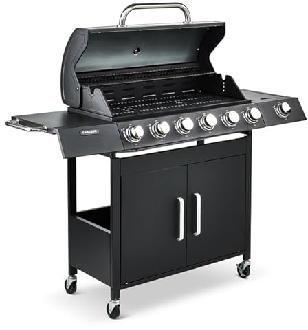 Fire Mountain Cascade 7 Burner Gas BBQ Side Burner Cast Iron Grill | Black large outdoor barbecue for garden patio cooking