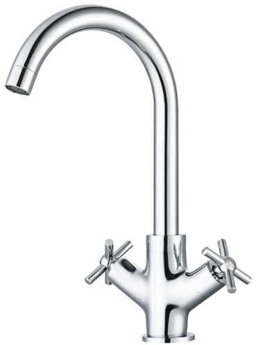 Hapilife Kitchen Taps Mixer Dual Lever - Solid Brass Kitchen Mixer Taps 1 Hole with 360° Swivel Spout, Cross Handle Monoblock Traditional Faucets EasyFit Chrome Sink Tap