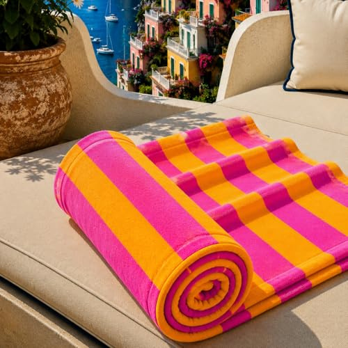 PETTI Artigiani Italiani - Serviette de Plage en Microfibre, Serviette de Plage ou de Piscine, Serviette de Bain de Plage, Grande Taille 90x180 cm, Rayures Orange et Fuchsia