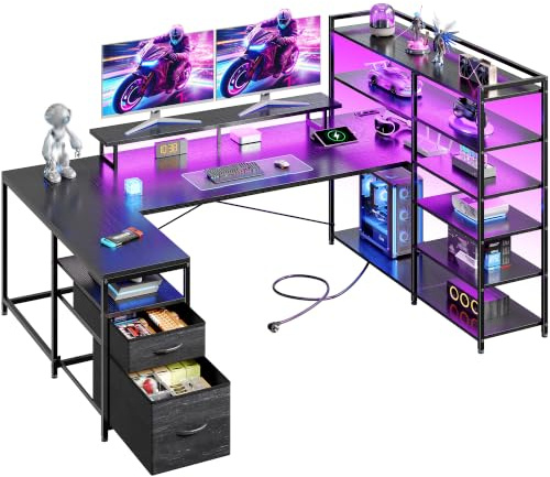 Klyvvo 160x100 cm Forme U Bureau Gaming avec LED pour Homeoffice