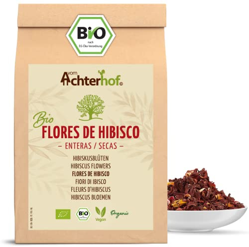Hibiskusblüten Bio ganz getrocknet 500g | leicht säuerlich-fruchtiger Geschmack | in Bio-Qualität | süß-aromatischer Hibiskustee | ideal für Salate, Desserts, Kuchen, Joguhrts | vom Achterhof