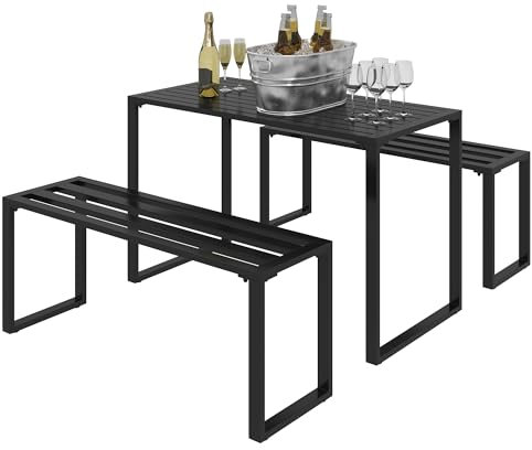 Outsunny Outdoor 3 PCs Metal Picnic Table and 2 Benches Set Dining Trestle Beer Table Patio Garden Furniture Black