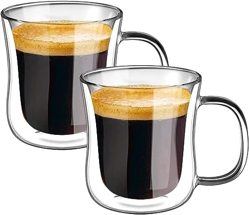ecooe 2x120ml Tazas de Café de Cristal,Vasos de Espresso de Doble Pared con Asa,Tazas de Vidrio Borosilicato para Té,Café