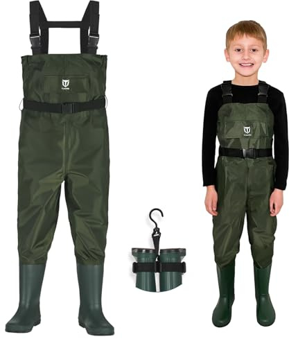TIDEWE Chest Waders for Kids, Waterproof Youth Waders with Boot Hanger, Lightweight PVC Kids Chest Waders with Boot for Fishing & Hunting (Size 8/9 Big Kid)
