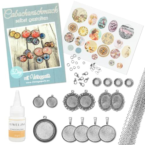 Vintageparts Set KLARA Schmuckzubehör Cabochonset Vintage für Einsteiger in silberfarben mit über 80 Teilen: Cabochons, Ketten und Motiven zum Schmuck basteln
