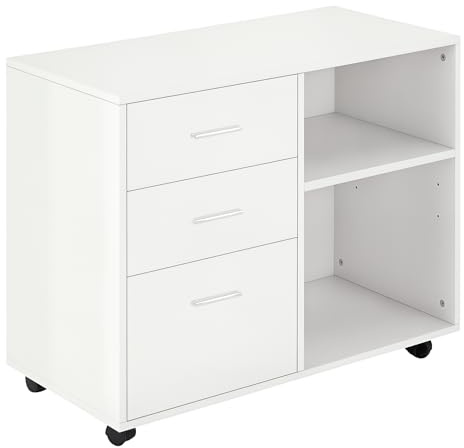 HOMCOM Mobile Porta Stampante con 3 Cassetti in Legno, Mobile Ufficio Multiuso con 4 Ruote e Ripiani Aperti, 80x40x65cm, Bianco
