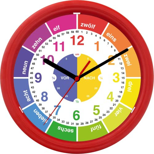 Eurotime Reloj de pared infantil con esfera de aprendizaje, sin tic-tac, segundero lento (silencioso), 25 cm, 80014-01