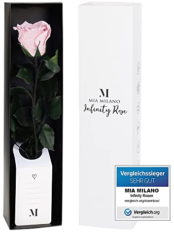 Mia Milano Infinity Rose rosa am Stiel (5 Jahre haltbar) Echte Pinke Rose in edler Geschenkbox | Deko Geschenk für Sie | Konservierte Blume mit Rosenduft | Inkl. Geschenkkarte