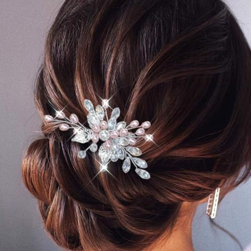 Edary Pettine per capelli da sposa in argento con perle rosa, accessori per capelli da sposa per donne e ragazze