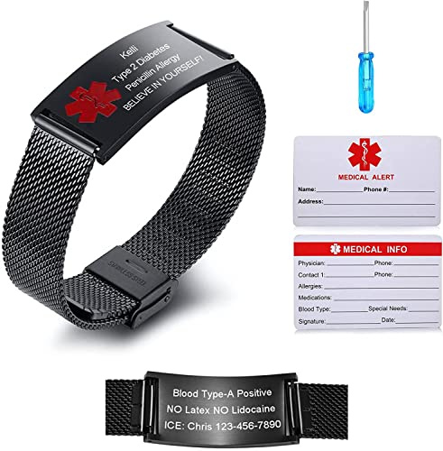 SOS Personalisiertes Medizinisches Notfallarmband Edelstahl - ID Armband mit Gravur für Damen Herren, Verstellbares Notfallarmband mit Medizinischer Karte und Werkzeug