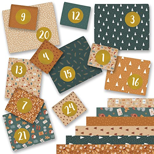 Papierdrachen Adventskalender 2026 Geschenkpapier - petrol-orange - 24 A3 Bögen mit Zahlenstickern in Gold 1-24 für größere Adventsgeschenke