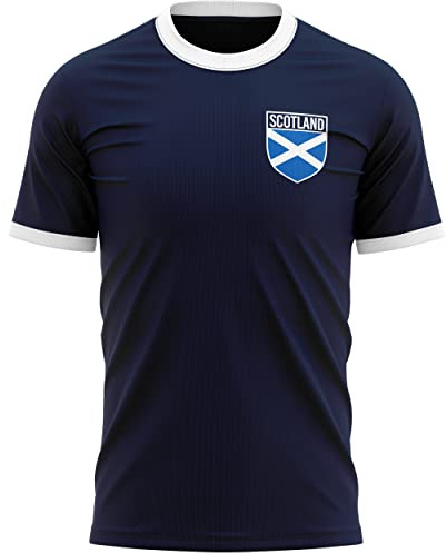 Maglietta scozzese con badge Ringer, maglietta tifosi della Scozia, regalo per lui con bandiera scozzese, sostegno alla Scozia nel calcio, rugby e cricket, Blu navy/bianco, XL