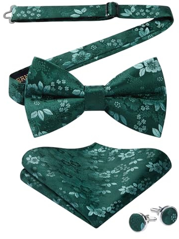 HISDERN Pajarita Hombre y Pañuelo Gemelos Verde Paisley Floral Preatada Pajaritas para Hombre Ajustable para Fiesta de Boda