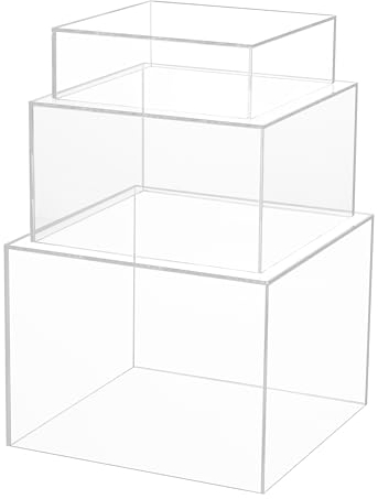 Winter Shore Schaukasten Acryl [3-Pack] - Durchsichtige, Stapelbare Acryl Vitrine mit Hohlem Boden - Quadratische Acryl Box Transparent für Einzelhandel & Zuhause - Acryl Würfel Klein, Mittel, Groß