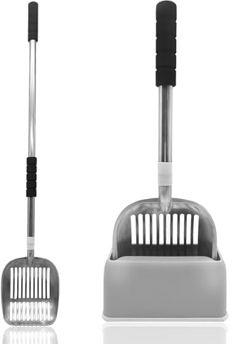 PINVNBY Cat Litter Scooper, Long Handle Litter Sifter Scoop with Litter Scoop Holder Stainless Steel Kitten Scooper Deep Kitty Litter Scooper with Box Metal Detachable Sifting Litter Shovel Set