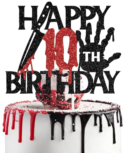 Black Glitter Killer Happy 10th Birthday Cake Topper, Halloween Zombie Vampir Bloody Friday Birthday Décor, Halloween Horror Themed 10th Birthday Party Decorations