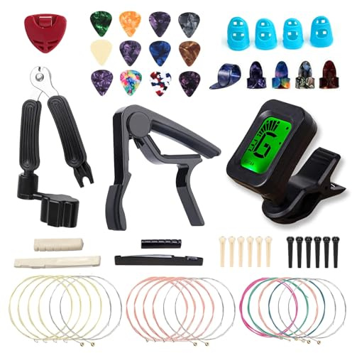 Acoustic Guitar Accessories Kit Including Guitar Strings,Tuner,Guitar Capo, Restring Tool,Pick Holder,Bridge Pins,Finger Picks,Guitar Nuts and Saddles