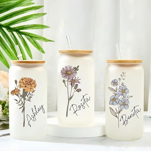 Drawelry Name Cocktailgläser Personalisierte mit Geburt Blume Deckel und Strohhalm Glastasse Glasform Glasbecher Bier Trink Eiskaffee Gläser Becher Individuelle Geschenke für Familie Party Bar (G)