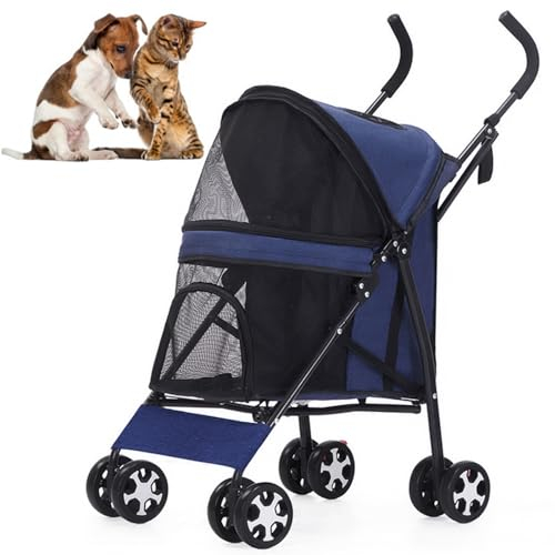 RUYICZB Hundewagen Leichte Faltbarer Hundebuggy Klappbare Tragbare Katzenbuggy Haustier-Kinderwagen Für Kleine Und Mittle Hunde Katzen Bis 10Kg,Mit Sonnenschutz, Netzfenster,Marine