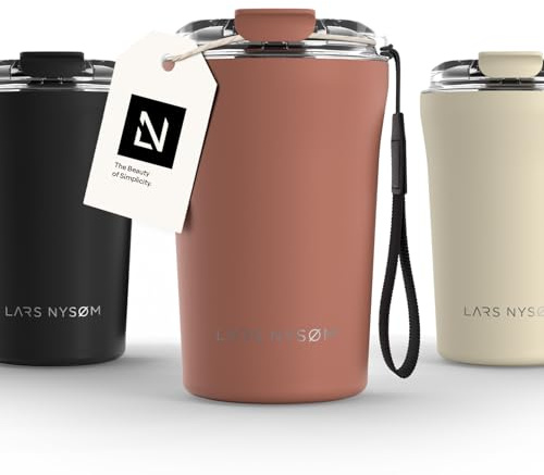LARS NYSØM Thermo Kaffeebecher-to-go med bärrem & Tritan-lock | er Travel Mug 0,38 liter med isolering | Läcksäker rostfri termosmugg för kaffe & te (Brick Red, 380ml)