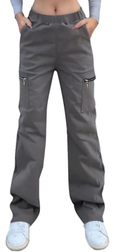 Nuofengkudu Strech Large Pantalon Cargo Femme Elastique Taille Haute Zip Poches Droit Longue Pantalons Ample Travail Multipoches Boyfriend Y2K Ado Casual Decontracte