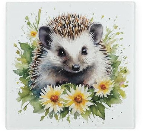 Floral Hedgehog Large Square Glass Worktop Protector - Willows Animals & Flowers Wildlife Gifts - Smooth Kitchen Chopping/Cutting Board Worktop Saver with Non-Slip Feet 30cm x 30cm (12 x 12)