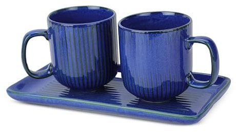 Juego de taza y bandeja de café en tiras, azul oscuro, 2 tazas y 1 bandeja para servir, perfecto para café, té y bebidas calientes, ideal para decoración del hogar, regalos y uso diario, diseño