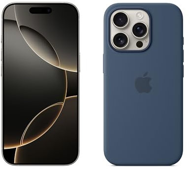 Apple iPhone 16 Pro 256GB: 5G Mobile phone with Apple Intelligence - Natural Titanium + Silicone Case with MagSafe - Denim