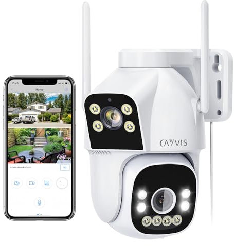 CAYVIS 2MP+2MP Telecamera Wi-Fi Esterno, 2.4GHZ/5GHZ PTZ Videocamera Sorveglianza Esterno con Doppia Lente,FHD Tracciamento Automatico, Visione Notturna a Colori, Audio Bidirezionale, IP66 (Bianco)