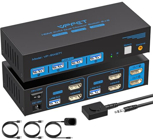 AILVLVNG 4K 120Hz HDMI KVM Switch 2 PC 2 Monitor 8K 60Hz USB 3.0 Commutateur KVM pour 2 Ordinateurs pour Oartager Deux Moniteurs et 4 Périphériques USB Tels que Claviers, Souris