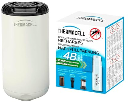 THERMACELL Diffuseur Anti Moustiques et Moustiques Tigres - 20m² - 48h | Sans Fil, Nomade - Extérieur - 4 Cartouches Gaz + 12 Plaquettes - Inodore - Blanc - THHALOBLANC48