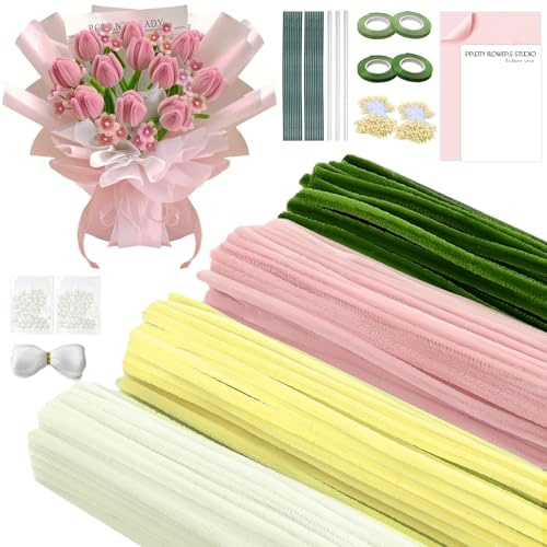 400 Pezzi Scovolini Colorati per la Festa della Mamma, Pipe Cleaner Densi e Soffici, Fili di Ciniglia con 20 Bastoncini di Fiori, Colla Stick, Carta da Regalo, Nastro, Stami (Rosa)